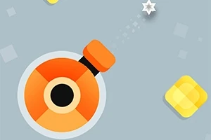 Oranžové delo strieľa bielu hviezdu na sivé pozadie s geometrickými tvarmi