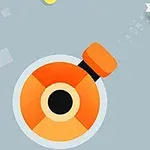 Oranžové delo strieľa bielu hviezdu na sivé pozadie s geometrickými tvarmi