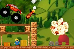Červené monster auto s plameňmi skáče nad drevenou konštrukciou, zatiaľ čo nad ňou letí raketa a exploduje v pozadí