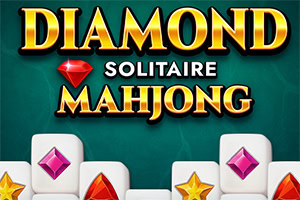 Nadpis Diamond Solitaire Mahjong na zelenom pozadí s farebnými diamantmi, hviezdami a kockami