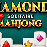 Nadpis Diamond Solitaire Mahjong na zelenom pozadí s farebnými diamantmi, hviezdami a kockami