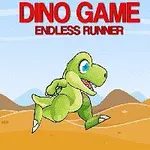 Zelený dinosaurus beží na púšti s horami v pozadí pod textom Dino Game Endless Runner