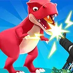 Červený dinosaurus bojuje s futuristickou zbraňou, ktorá vytvára záblesky na modrom pozadí