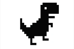 Čiernobiely pixelový dinosaurus na bielom pozadí