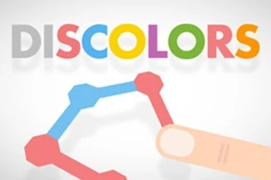 Logo s nápisom DISCOLORS v rôznych farbách a prstom ukazujúcim na farebný útvar