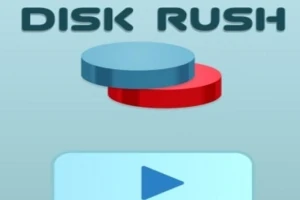 Modré a červené disky nad názvom DISK RUSH s modrým tlačidlom prehrávania nižšie