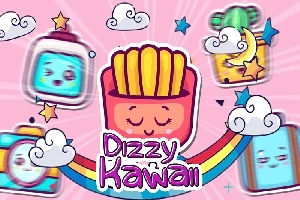 Kreslené smažené hranolky so zavretými očami uprostred dúhy, obklopené oblakmi a usmievavými kockami na ružovom pozadí