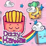 Kreslené smažené hranolky so zavretými očami uprostred dúhy, obklopené oblakmi a usmievavými kockami na ružovom pozadí