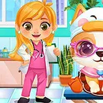 Animovaná postavička veterinárky v ružovom oblečení stojí vedľa roztomilého psa s okuliarmi, klobúkom a šálom v ordinácii