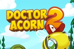 Nápis Dr Acorn 2 na modrom pozadí s ilustrovanou včelou a červenou čiapkou