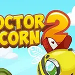Nápis Dr Acorn 2 na modrom pozadí s ilustrovanou včelou a červenou čiapkou