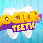 Nápis Doctor Teeth v žltej a fialovej farbe pred veľkým bielym zubom na modrom pruhovanom pozadí, s obrázkami zubnej kefky a zubnej pasty
