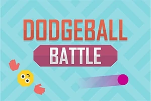 Text Dodgeball Battle na modrom pozadí s ilustráciou emotikona, červených rukavíc a fialovej gule