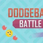 Text Dodgeball Battle na modrom pozadí s ilustráciou emotikona, červených rukavíc a fialovej gule