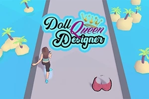 Žena bežiaca po ceste obklopenej palmami, s nápisom Doll Queen Designer nad ňou
