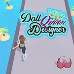 Žena bežiaca po ceste obklopenej palmami, s nápisom Doll Queen Designer nad ňou