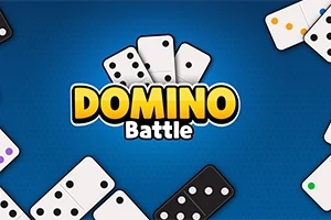 Na modrom pozadí sú rozložené domino kocky s nápisom Domino Battle v strede