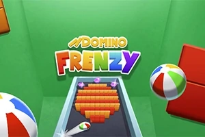 Farebný nápis Domino Frenzy na zelenom pozadí s plážovou loptou a usporiadanými červenými kockami na stole