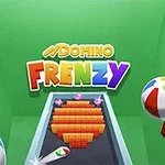 Farebný nápis Domino Frenzy na zelenom pozadí s plážovou loptou a usporiadanými červenými kockami na stole