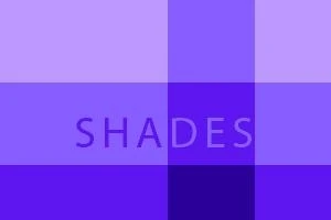 Farebné bloky v odtieňoch fialovej a modrej s textom „SHADES“ v strede
