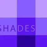Farebné bloky v odtieňoch fialovej a modrej s textom „SHADES“ v strede