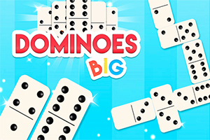 Obrázok zobrazuje sadu domino kociek na modrom pozadí s farebným nápisom Dominoes Big