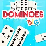 Obrázok zobrazuje sadu domino kociek na modrom pozadí s farebným nápisom Dominoes Big