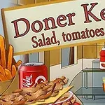 Nápis Doner Kebab s ilustráciou hranolčekov, mäsa, plechovky nápoja a omáčok na pultoch
