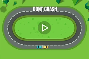 Dve autíčka na oválnej trati s textom „DONT CRASH“ a tlačidlom prehrávania v strede