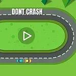 Dve autíčka na oválnej trati s textom „DONT CRASH“ a tlačidlom prehrávania v strede
