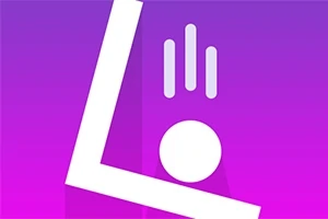 Biely geometrický symbol v tvare písmena L s kruhom a tromi čiarami na fialovom pozadí