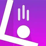 Biely geometrický symbol v tvare písmena L s kruhom a tromi čiarami na fialovom pozadí