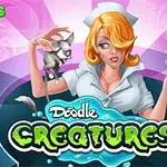 Ilustrácia ženy v bielom lekárskom oblečení s ružovými vlasmi držiaca skúmavku a malého sivého hlodavca, s názvom Doodle Creatures na výraznom pozadí
