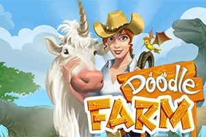 Kovbojka s klobúkom stojí vedľa jednorožca s vtáčikom na pozadí s modrou oblohou a znakmi s nápisom „Doodle Farm“