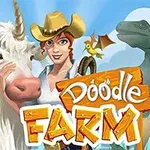 Kovbojka s klobúkom stojí vedľa jednorožca s vtáčikom na pozadí s modrou oblohou a znakmi s nápisom „Doodle Farm“
