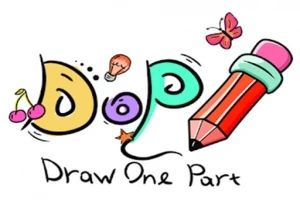 Farebný nápis DOP Draw One Part s kreslenými motívmi čerešní, žiarovky, ceruzky a motýľa