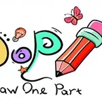 Farebný nápis DOP Draw One Part s kreslenými motívmi čerešní, žiarovky, ceruzky a motýľa