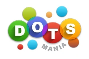 Farebné kruhy rôznych veľkostí s nápisom DOTS na nich a slovom MANIA pod nimi