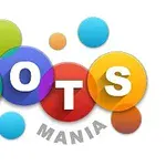 Farebné kruhy rôznych veľkostí s nápisom DOTS na nich a slovom MANIA pod nimi