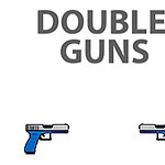 Nadpis DOUBLE GUNS so zobrazenými dvomi modrými pištoľami pod textom