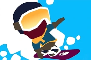 Kreslená postavička snowboardistu s veľkými oranžovými okuliarmi na modrom pozadí