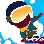 Kreslená postavička snowboardistu s veľkými oranžovými okuliarmi na modrom pozadí