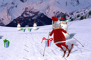 Santa na lyžiach sa pohybuje po zasneženej krajine s darčekmi a snehuliakmi