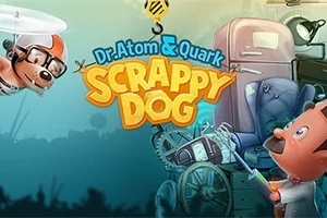 Dr. Atom & Quark: Scrappy Dog Ilustrácia s postavičkou psa s vrtuľou na hlave vľavo a vedcom vpravo, obklopenými rôznymi strojmi