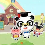 Panda v akademickom klobúku stojí s prasaťom a psíkom pred školou s dúhou na oblohe