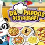 Kreslená panda v kuchárskej čiapke stojí pri stole s rôznymi jedlami, ako sú koláče, pizza a nápoj s logom reštaurácie