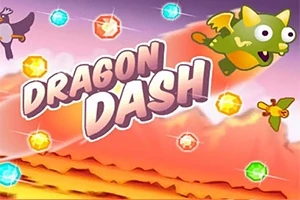 Ilustrácia s kresleným drakom, farebné kryštály a nápis Dragon Dash na pozadí západu slnka