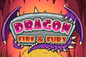 Nápis Dragon Fire & Fury na kamennej tabuli obklopenej dračími pazúrmi a krídlami s ohnivým pozadím