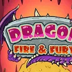 Nápis Dragon Fire & Fury na kamennej tabuli obklopenej dračími pazúrmi a krídlami s ohnivým pozadím