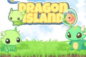 Tri roztomilé kreslené zelené dráčiky na trávnatom pozadí s nápisom DRAGON ISLAND